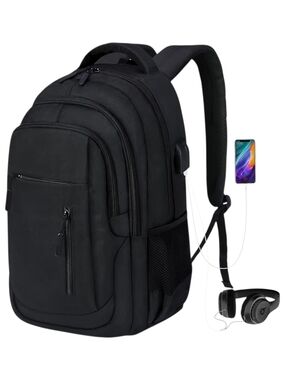 Waterproof Laptop Backpack USB Charging Port Travel School Bag Black